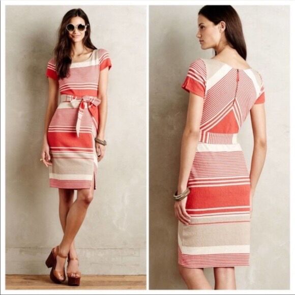 Anthropologie Lilka Sorella Mixed Stripes Short Sleeve Belted Dress in Red & Tan - Picture 2 of 12